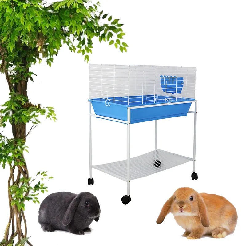 Diseños de lujo al por mayor de acero blanco metal hierro azul plástico conejo casa mascota conejo jaula para la venta