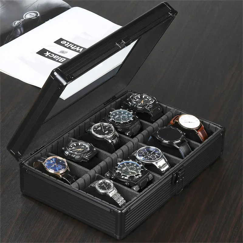 3 5 DE 10 ranuras de ventana de cristal negro transparente de los hombres de aleación de aluminio de Metal reloj de pulsera caja y caso organizador reloj de embalaje