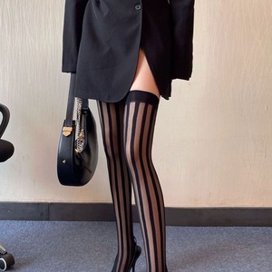 Mu Ruan Dark Striped Jacquard Elastic Thigh High Stockings 5D Ultra Thin Transparent Women's Japanese Street Style JK Uniform - Product Image 3