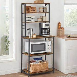Étagère de cuisine avec crochets, support <span class=keywords><strong>micro</strong></span>-<span class=keywords><strong>ondes</strong></span> 5 niveaux, aspect bois rustique, structure métallique, étagère de rangement autoportante pour cuisine et salle à manger - Product Image 2