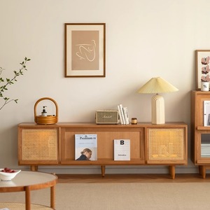 Zeyang Nordic Solid Wood TV Cabinet With Rattan Weave <b>Storage</b> Living Room Floor Stand Modern Minimalist Design - Product Image 2