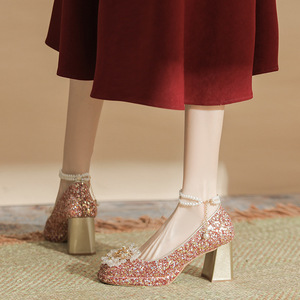 Scarpe da Donna <span class=keywords><strong>con</strong></span> Tacco a Blocco e Punta Quadrata, Glitterate, <span class=keywords><strong>con</strong></span> Cinturino alla Caviglia <span class=keywords><strong>con</strong></span> Perle e Fiore di Cristallo, per Matrimoni e Feste - Product Image 4