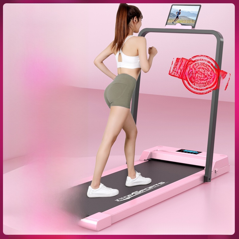 Black flat running treadmill + handrails (pink)