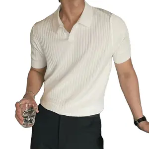 Men's Solid Knitted POLO Shirt Short Sleeve Top Stripe Texture