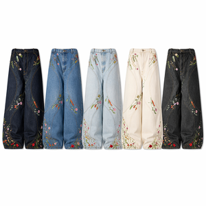 Jeans Vintage con Ricami Botanici a Gamba Larga per Donna, Pantaloni in <span class=keywords><strong>Denim</strong></span> con Cuciture Curve, Blu Scuro e Blu Chiaro - Product Image 6