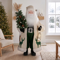 Statue de Père Noël debout de 36 pouces en lin avec motif renne, lanterne de camping en forme d'arbre aux baies perlées pour la décoration