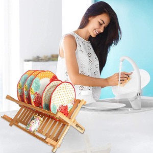 ชั้นวางจานไม้ไผ่พับได้สองชั้นสำหรับเก็บจานและตะเกียบในครัว - Product Image 2