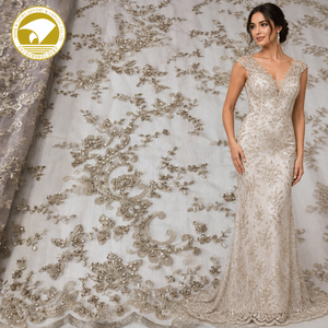Tela de Encaje con Cuentas Tejidas de Alta Calidad, 100% Poliéster, Diseños Bordados para Vestidos de Novia y Bolsos, Venta al por Mayor - Product Image 1