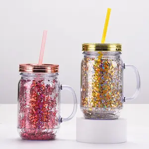 Hot bán 600ml nhựa Mason Jar cốc cốc đôi tường với nắp và rơm Acrylic chai nhựa