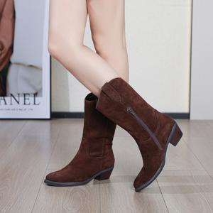 מגפי קאובוי חומים לנשים, סגירת רוכסן, גזרה גבוהה, לוגו מותאם אישית, עור אמיתי, נגד החלקה, נוחות, עקב עבה 5 ס\"מ, סתיו - Product Image 1