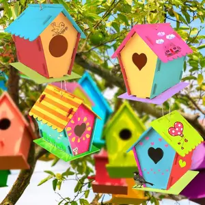 Premium DIY kuş yuvası kiti çocuklar için inşa etmek kolay çocuk asılı ahşap kuş evi başlangıç ahşap seti ve boyalar