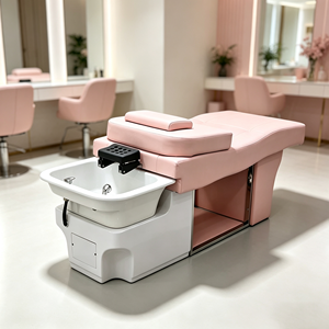 Fauteuil de lavage de cheveux en similicuir PU avec tabouret assorti et bac en céramique - Product Image 4