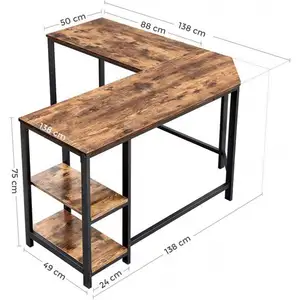 2023 Suessen OEM L-образный угловой стол с полками, коричневый, железный, деревянный, офисный стол, оптовая продажа с фабрики