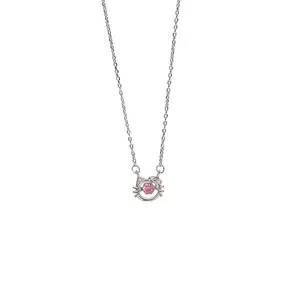 Liontin Kucing Indah Trendi Mode Kalung Wanita Hello Kitty Berlian Merah Muda Berlapis Platinum