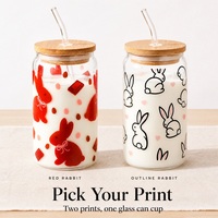 Gobelet en verre transparent avec couvercle en bambou et paille, motif lapin, pour café glacé, lait, jus, vente en gros pour cafés
