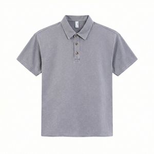 Camiseta de algodón peinado sólido estilo retro americano de marca de moda, con hombros descubiertos y solapa holgada, personalizada, lavada, estilo viejo, para hombre y mujer, 260. - Product Image 6