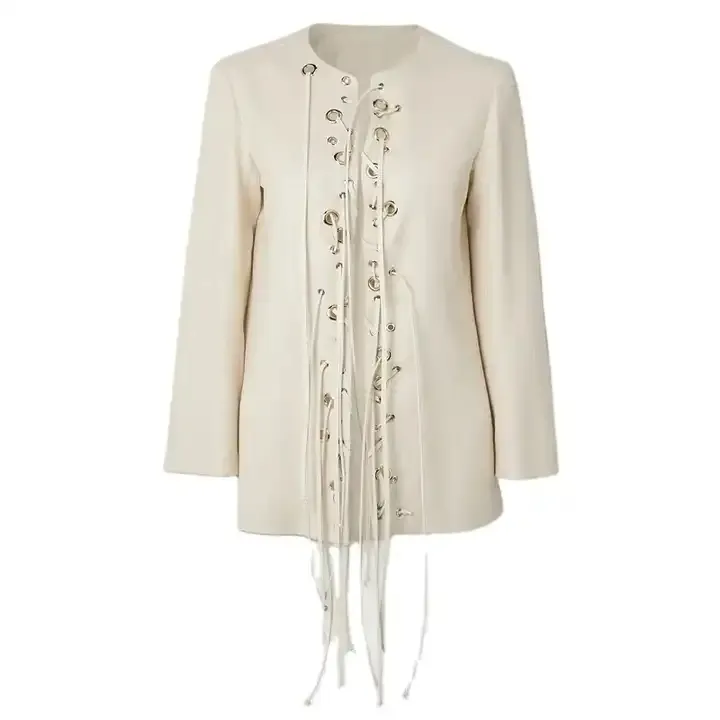 OEM custom long-sleeved collarless suit jacket lace-up design multiple corns fashion casual elegant top coat for women