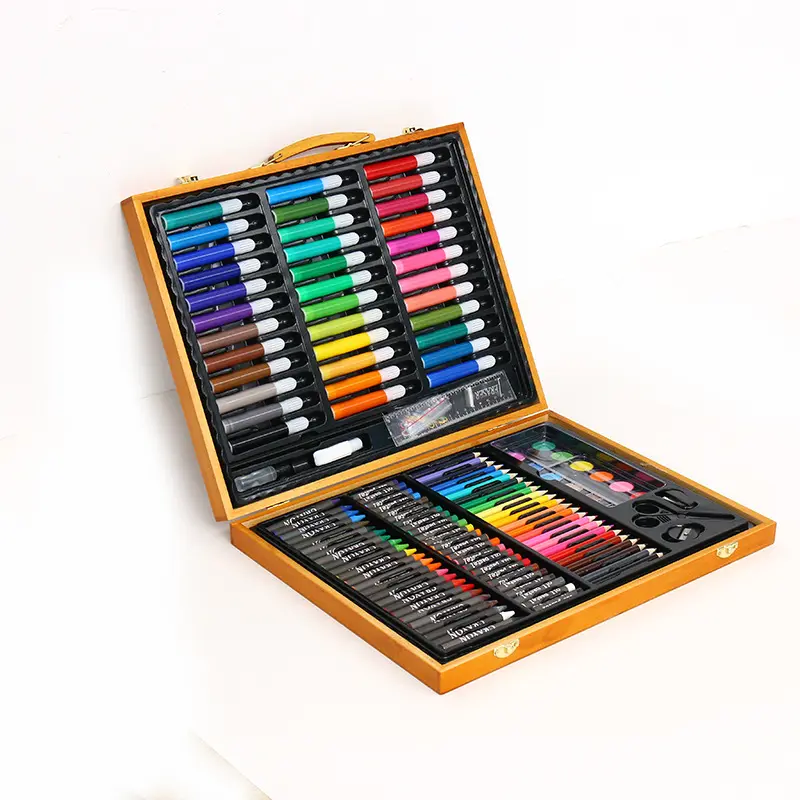 Wooden box 150 piece case deluxe art set kit with coloring oil watercolor acrylic paint crayons marker pen pencil