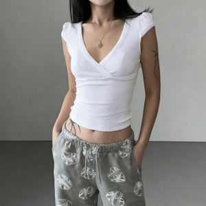 Novedad de Verano: Blusa Casual de Manga Corta con Cuello en V y Encaje para Mujer, Corte Ajustado - Product Image 6