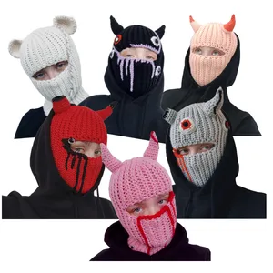 Ff708 Grappige Hoorns Gebreide Full Face Cover Halloween Party Cosplay Muts Winter Warm Fietsen Ski Masker Mannen Vrouwen Gebreide Bivakmuts