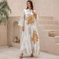 Abaya ample et respirante à col montant, broderie florale à sequins épais, manches à bordure dorée, en polyester, pour mariage musulman, style maxi kaftan