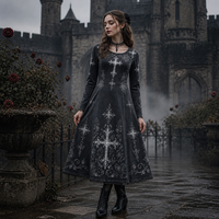 Robe trapèze décontractée pour femme à manches longues, imprimé croix gothique sombre, bordure en dentelle florale vintage