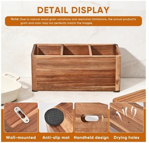 Porte-ustensiles en bois personnalisé pour comptoir de cuisine, grand organisateur d'ustensiles avec 3 compartiments, pot à outils de cuisine, style farmhouse - Product Image 3