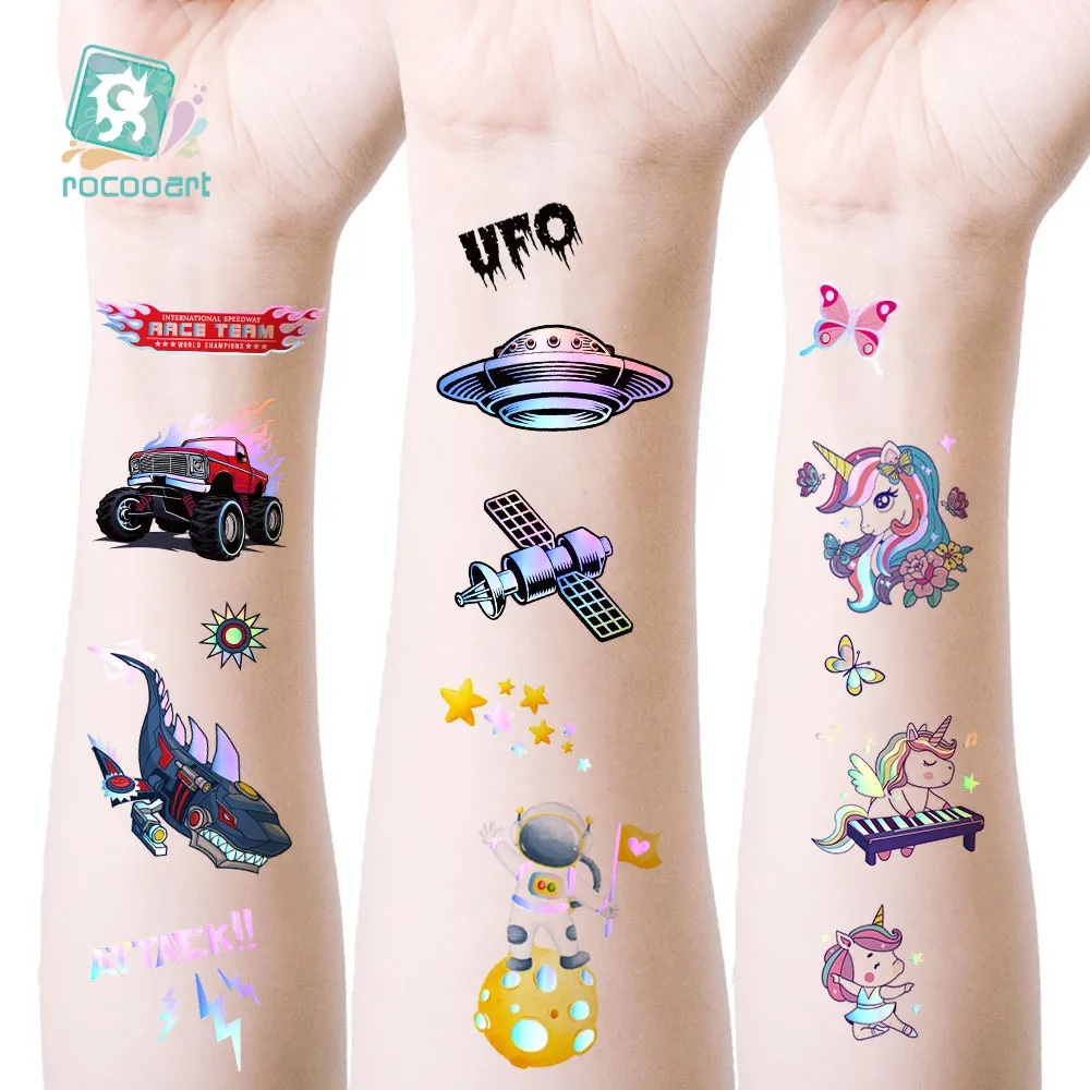 Rocooart-Autocollant de tatouage temporaire pour enfants, pour garçons et filles, dégradé de couleur métallique, dernière promotion