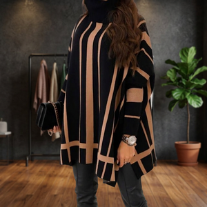 Mybeefashion Poncho Kazakh pour femmes, cardigan noir rayé en tricot, pull à col roulé à manches longues, vêtement d'extérieur, manteau de mode hivernal - Product Image 3