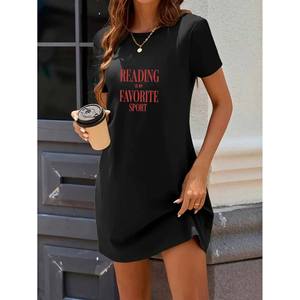 Vestido Deportivo Casual para Mujer, Estampado Gráfico con la Frase 'Reading Is My Favorite Sport', Largo hasta la Rodilla, Cuello Redondo, Estilo Nuevo, Ecológico - Product Image 1