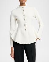 Veste blazer blanche personnalisable à col montant, boutons argentés, manches longues, taille ajustée, élégante pour le bureau