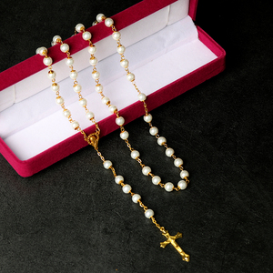 Set di Rosari Classici con Perline in Vetro Bianco e Collane con Perline Placcate <span class=keywords><strong>Oro</strong></span> per Regalo Cattolico - Product Image 2