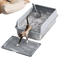 Bac à litière pour chat extra-large en acier inoxydable 20L avec tapis filtrant, semi-fermé, côtés hauts, anti-éclaboussures, facile à nettoyer