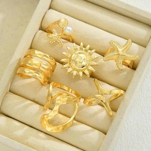 [Gorgeousxx] Conjunto de Anillos Dorados con Estrella de Mar Estilo Punk Vintage para Mujer, Anillos de Moda Bohemia, Joyería - Product Image 2