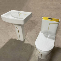 Ensemble de sanitaires de luxe en céramique : WC monobloc, lavabos de salle de bain ligne or et cuvette de toilette