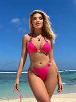 Lange Strandjurk Heldere Diamant Mesh Cover Up 3-delige Set Roze Driehoekige Bikini Sexy Dameszwemkleding