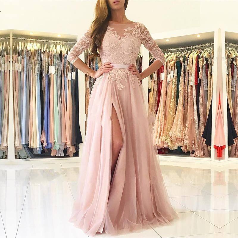 EV018 Vestido De Festa Longo Sexy Slit Lace Pink Evening Dresses