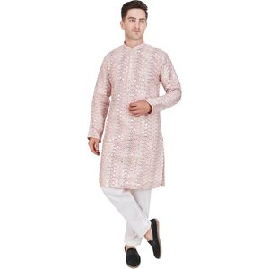 Ensemble Kurta Pajama pour homme Triloki, brodé et orné de paillettes, en soie artificielle, style ethnique, pour mariage, Diwali, Puja - Product Image 1