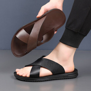 Sandalias de Verano para Hombre, Casuales, de Cuero Genuino, Punta Abierta, Forro Textil, Suela de Goma Antideslizante, Estilo Slip-On - Product Image 4