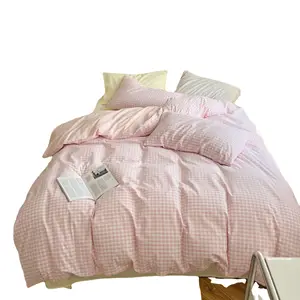 Japanese Style Plaid 4-piece Bedding Set Simple Solid Beddings for Student Home