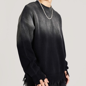 Round Neck Distressed Spring Fringe Print 100% Cotton Oversized <b>Fleece</b> <b>Sweater</b> Custom Logo Washed Men's Wholesale - Product Image 5