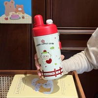 Botella de Agua de Acero Inoxidable para Niños con Estampado de Osito, Pato, Cordero y Gato, Tapa Doble Aislada, Termo con Correa de Mano Portátil