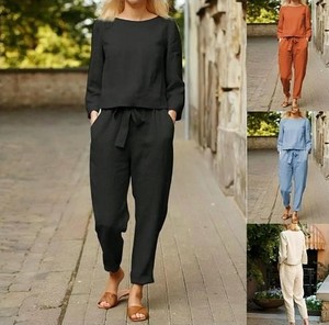 Set pakaian wanita, Set baju wanita katun Linen lengan panjang leher O + celana panjang lurus musim semi musim panas kasual dua potong - Product Image 6