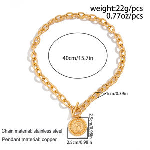 Collar de Acero Inoxidable con Baño de Oro de 18k, Diseño Geométrico Retro, Estilo Simple, con Colgante de Moneda en Relieve de Cobre para Mujer - Product Image 3