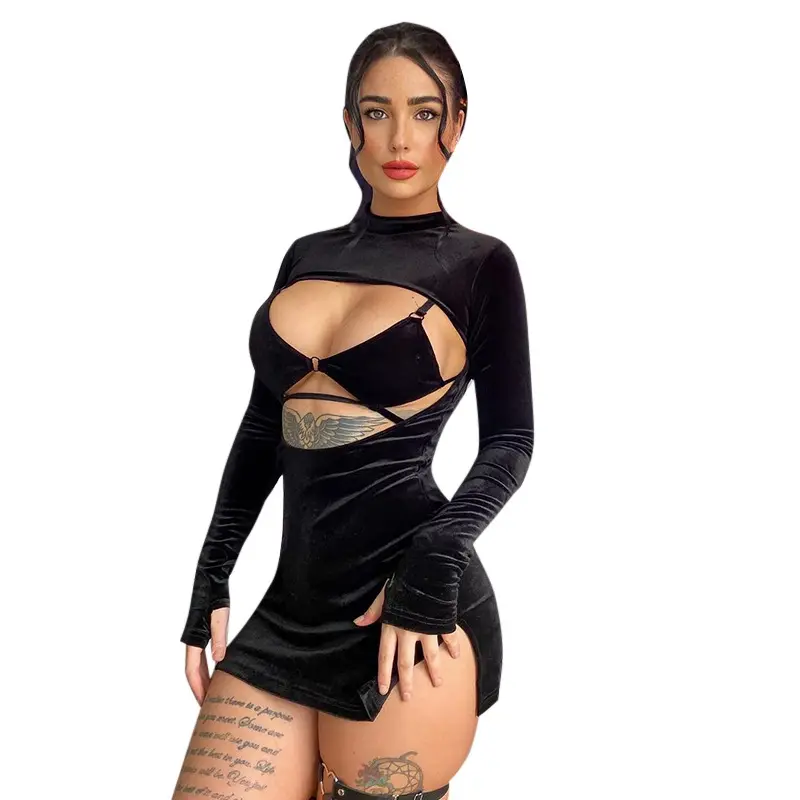 New design mini bodycon hollow velvet fabric dress sexy black dress ladies long sleeves lace up short dresses for ladies