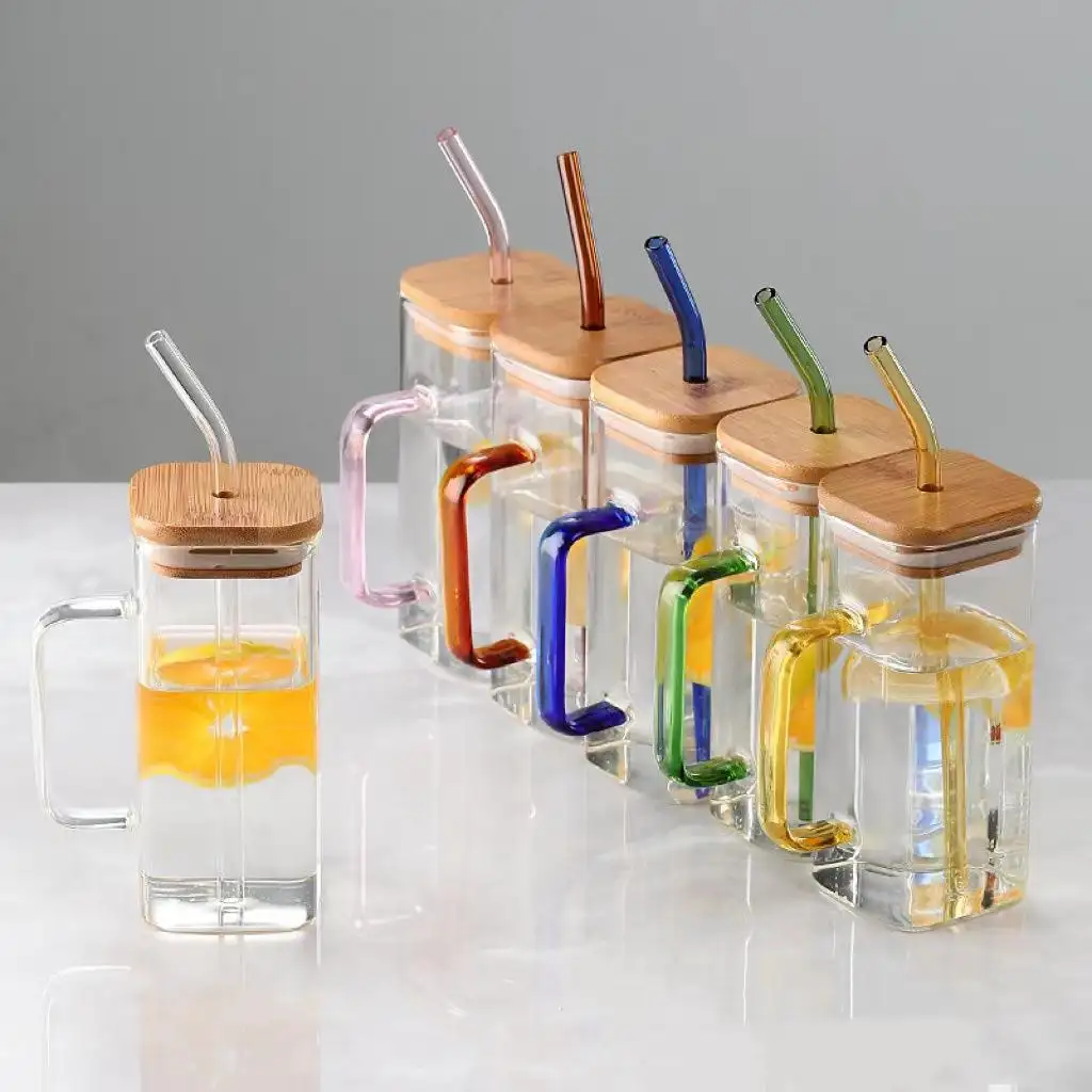 2023, новая квадратная прозрачная кружка для питья, 400 мл, многоразовая термостойкая стеклянная чашка с цветной ручкой