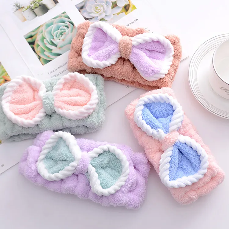 Customized 300GSM Coral Fleece Bow Water Absorbing Headbands Beauty and Makeup Removal Tools Gifts Logo Embroidery Headbands
