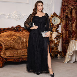 Nouvelle Robe de Soirée Noire Grande Taille, Col <span class=keywords><strong>Carré</strong></span>, Dos Nu, Élégante, Vintage, avec Patchwork de Dentelle, Cordon de Serrage, Fente et Ourlet Évasé - Product Image 1
