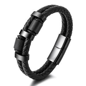 Black Double Layer Woven Leather Bracelet Titanium Steel <b>Magnetic</b> <b>Clasp</b> Men's Hip Hop Jewelry Gift - Product Image 3