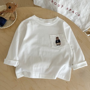 Children's Long Sleeve T-Shirt Bear Pocket Cotton Jersey Autumn Wear Boys Striped Inner Layer Top White Gray Navy Blue - Product Image 4